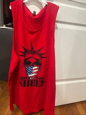 Red Graphic Tank Top with Statue of Liberty Skull and American Flag Mask